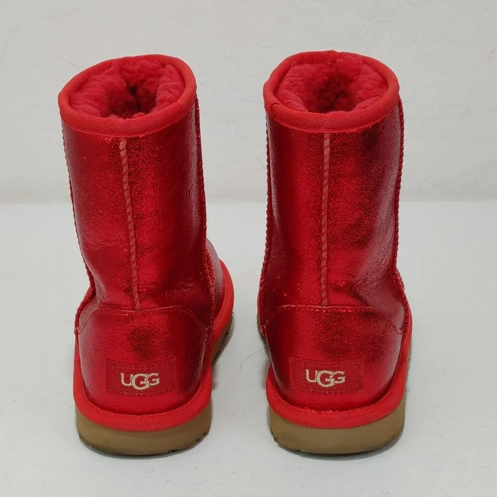UGG Classic II Red Metallic Sparkle Leather Winter Boots Kids Size 3